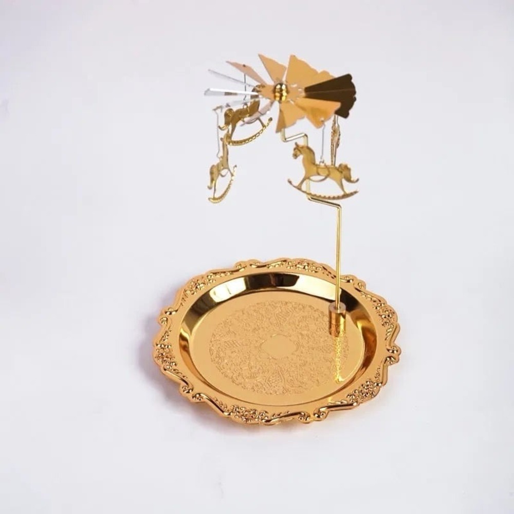 Golden Carousel Candle Holder Tray‎ Heat Spinning Horses retro Story Decor new